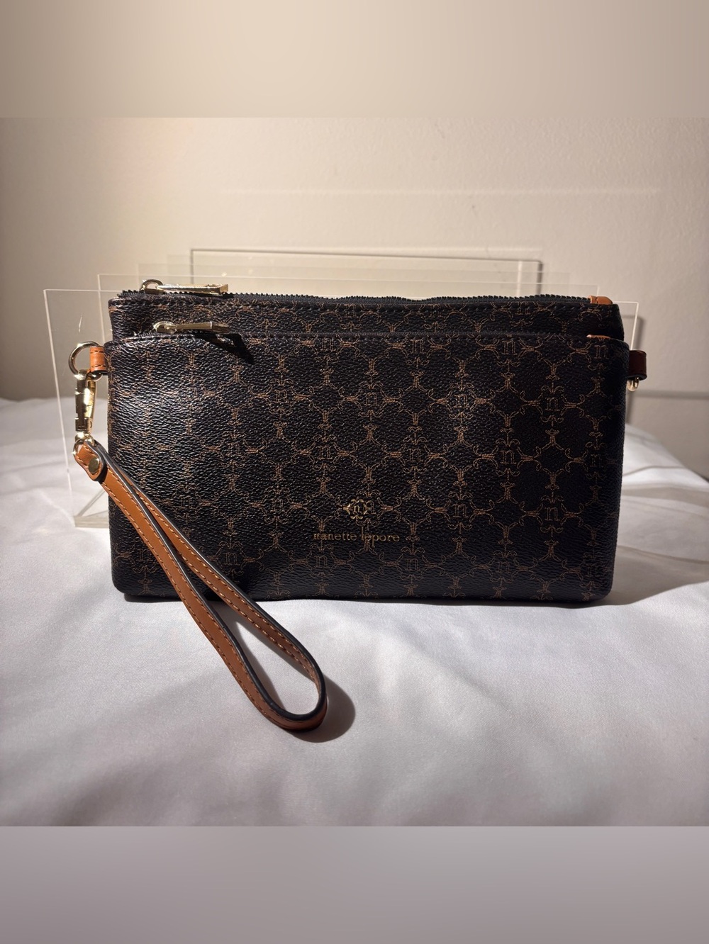Nanette Lepore Brown and Tan Monogram Wristlet Clutch - Hal Triple Section Bag